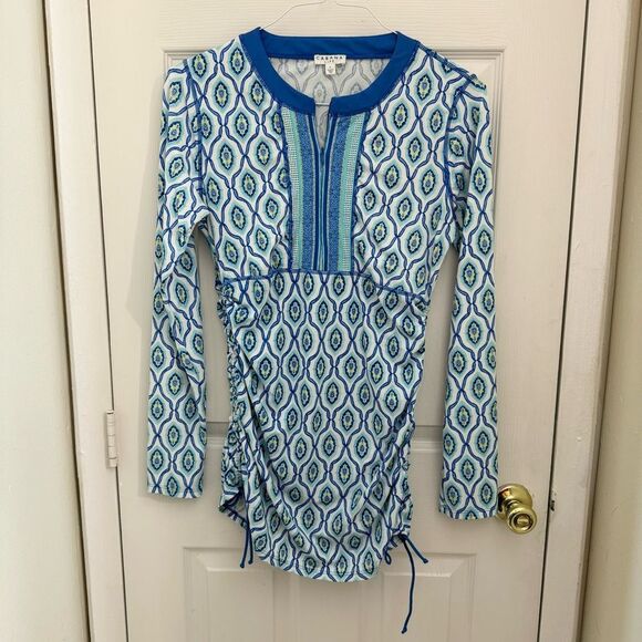 Cabana Life Women’s Swim Top Size Large Blue Green Ruched Patterned Long Sleeve - Picture 1 of 7